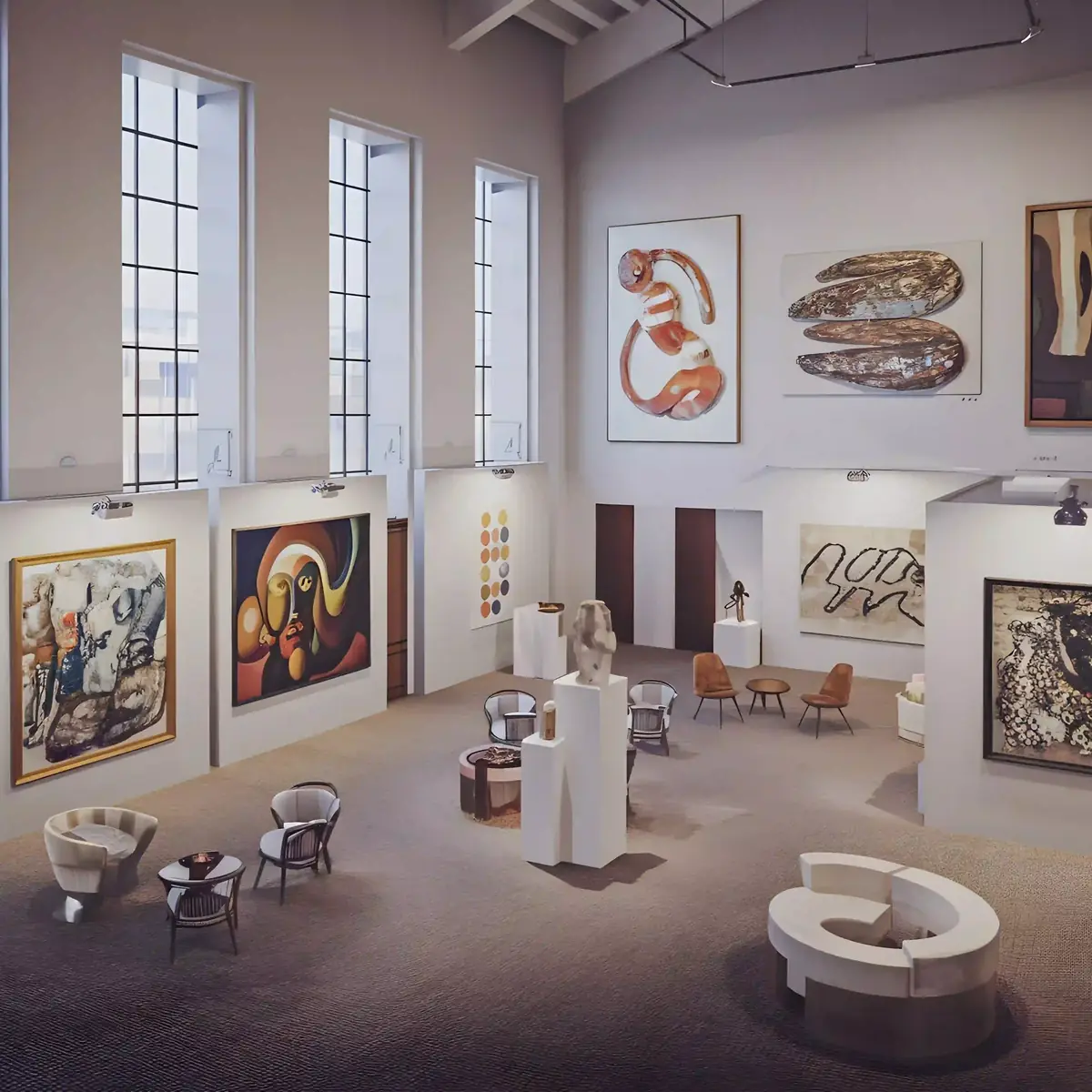Gallery room with paintings and sculptures