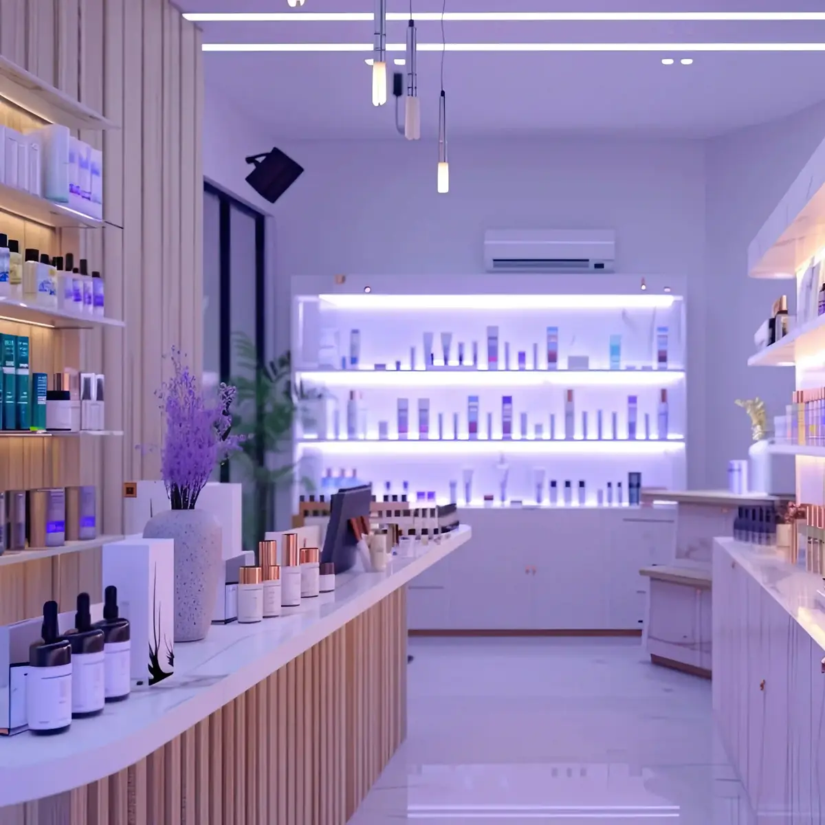 A beauty store interior with lit shelves